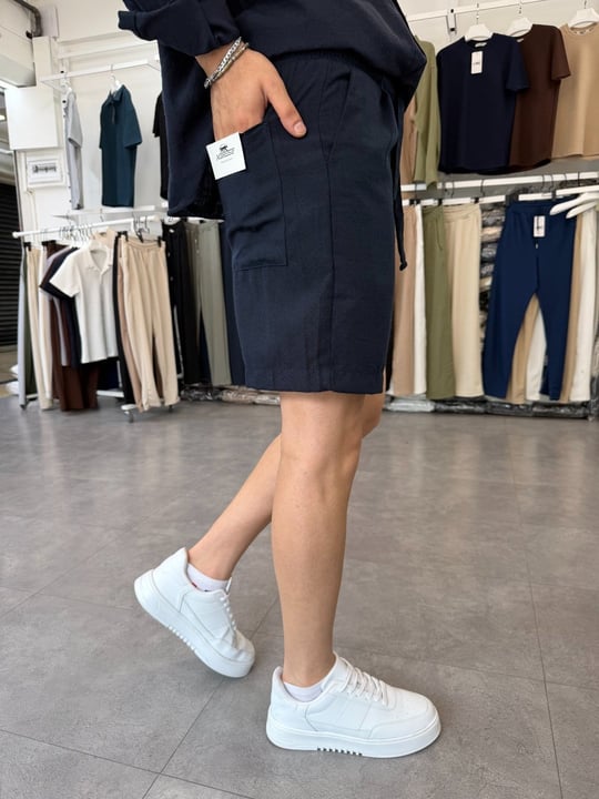 Pileli Beli Yarım Lastik Keten Şort Lacivert