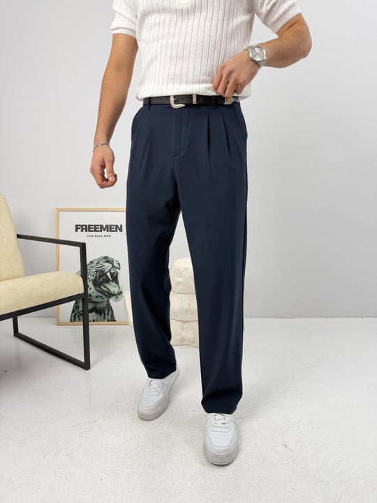 Pileli Premium Baggy Kumaş Pantolon Lacivert