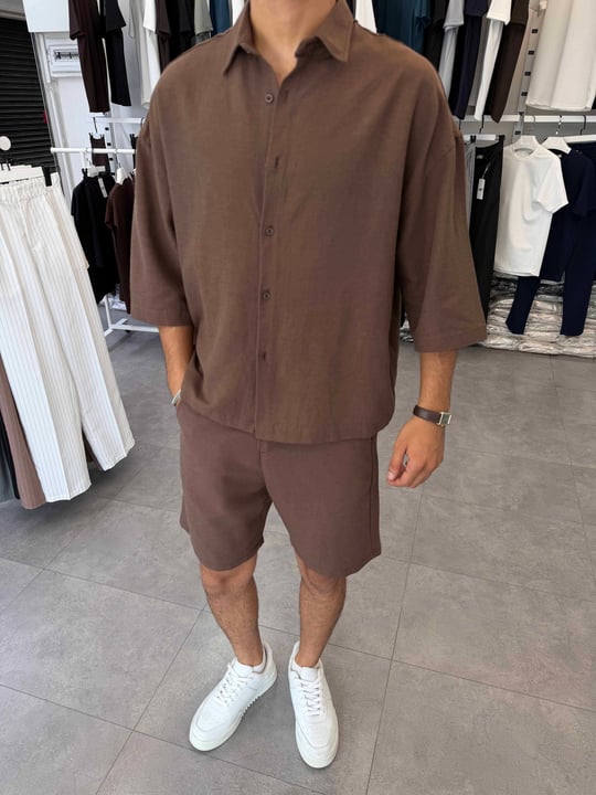 Viskon&Keten Oversize Şortlu Takım Acı Kahve