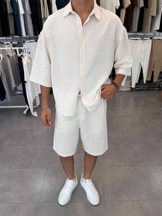 Viskon&Keten Oversize Şortlu Takım Bej
