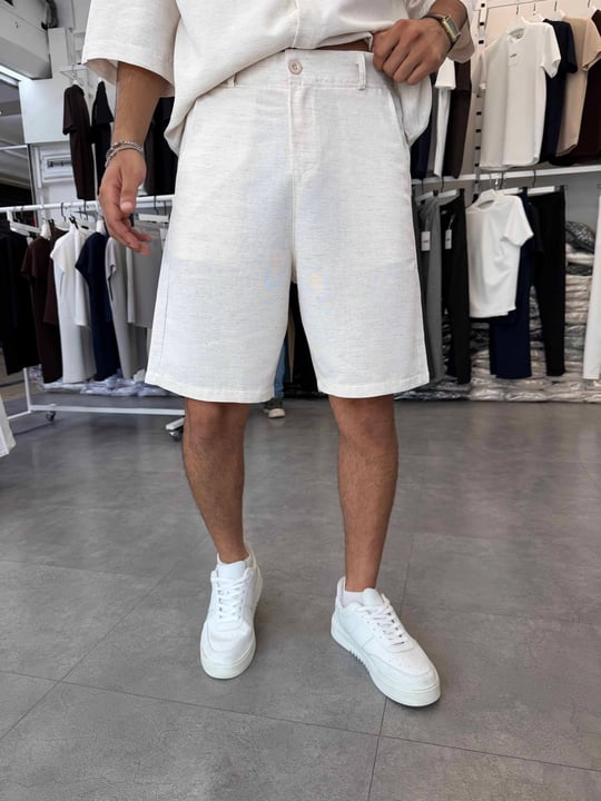 Viskon&Keten Oversize Şortlu Takım Bej