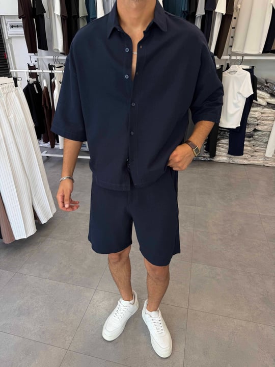Viskon&Keten Oversize Şortlu Takım Lacivert