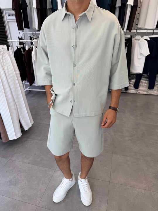Viskon&Keten Oversize Şortlu Takım Mint