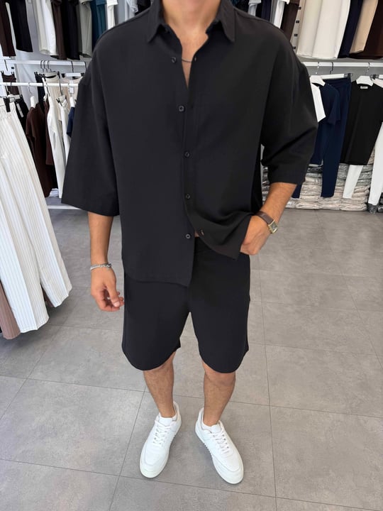 Viskon&Keten Oversize Şortlu Takım Siyah