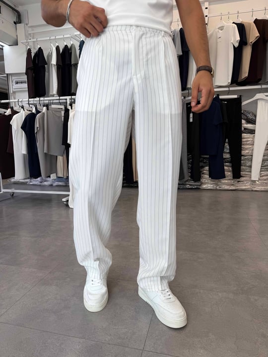 Viskon&Keten Pileli Baggy Pantolon Beyaz