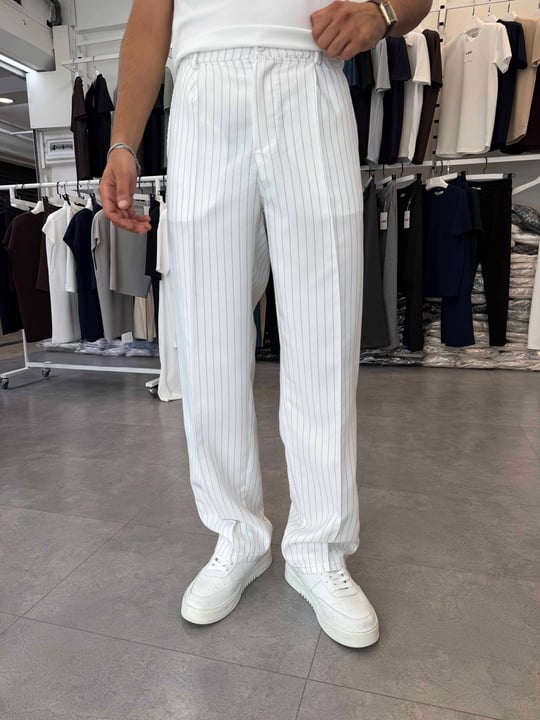 Viskon&Keten Pileli Baggy Pantolon Beyaz