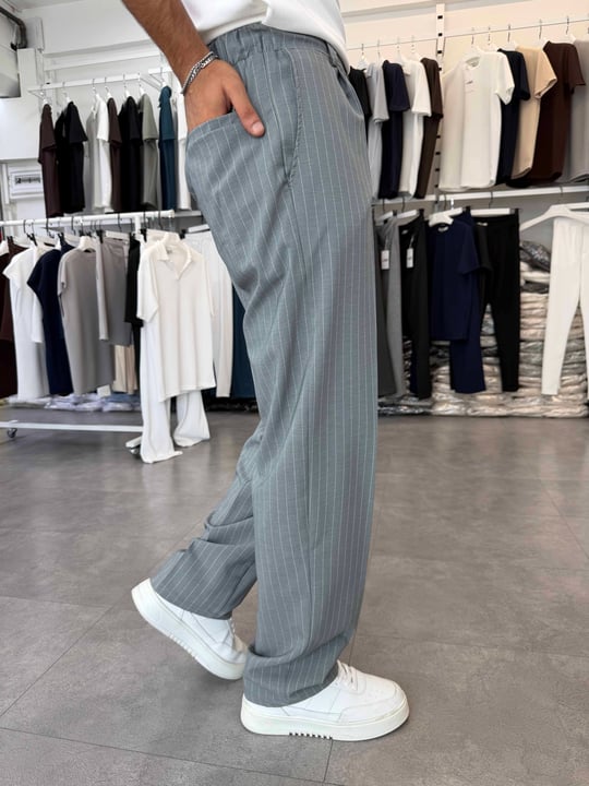 Viskon&Keten Pileli Baggy Pantolon Gri