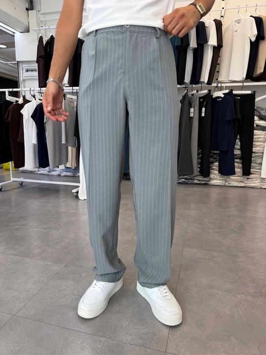 Viskon&Keten Pileli Baggy Pantolon Gri