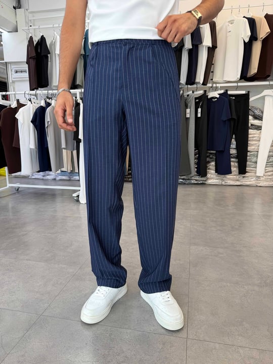 Viskon&Keten Pileli Baggy Pantolon Lacivert