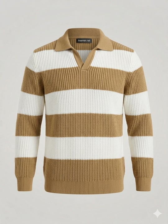 Yünlü Çizgili Uzun Kol Sweat Bej