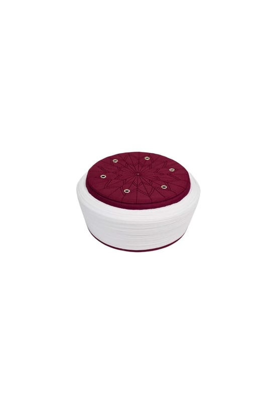 Talebe Sarığı-Beyaz Kumaş-Bordo Takke-Düz Sarım-Kuş Gözlü-5 metre