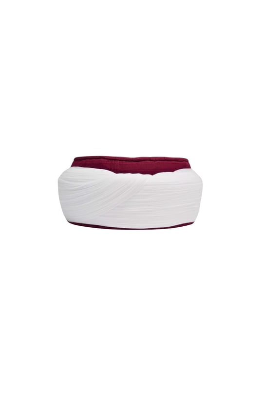 Talebe Sarığı-Beyaz Kumaş-Bordo Takke-Yuvarlak Sarım-Kuş Gözlü-5 metre