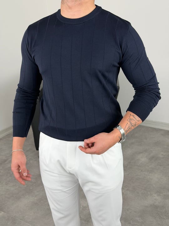 ELMAS KUMAŞ ÇİZGİLİ TRİKO SWEATSHİRT LACİVERT