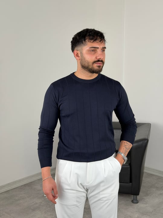 ELMAS KUMAŞ ÇİZGİLİ TRİKO SWEATSHİRT LACİVERT