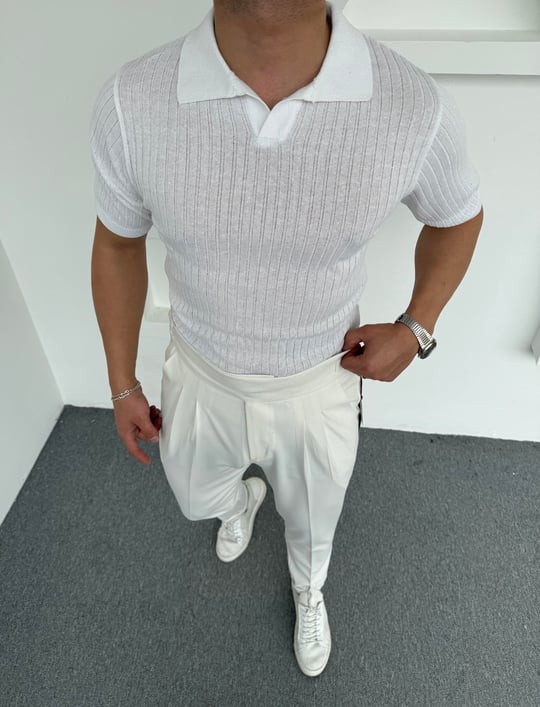 Fitilli Triko Polo Yaka Beyaz