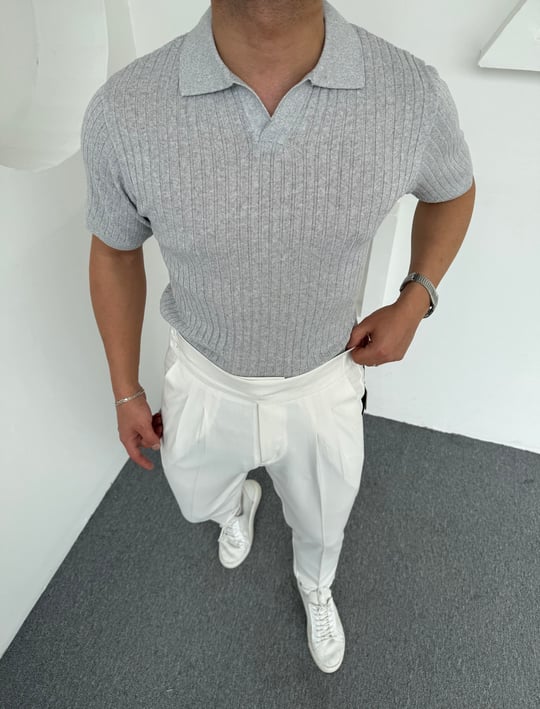 Fitilli Triko Polo Yaka Gri