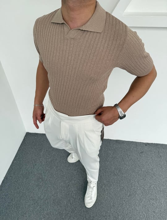 Fitilli Triko Polo Yaka Krem