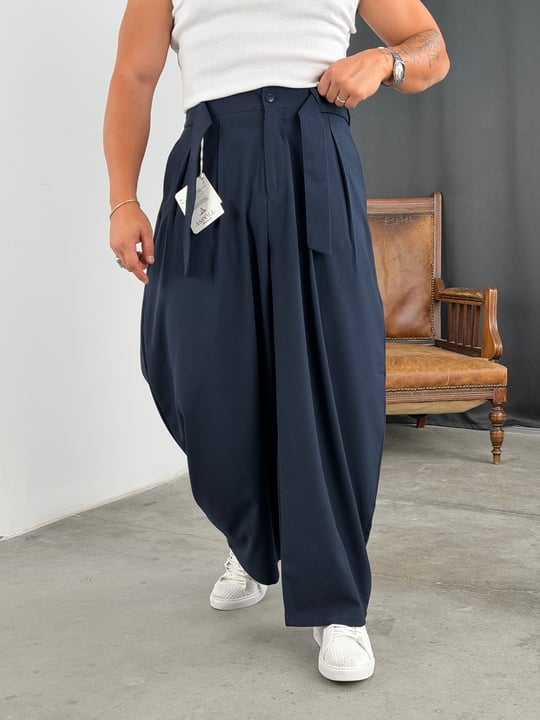 KORE MODEL KUŞAKLI PREMİUM BAGGY PANTOLON LACİVERT