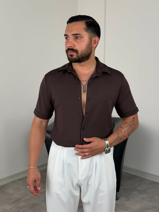 OYS KUMAŞ İNCE ÇİZGİLİ KISAKOL GÖMLEK ACI KAHVE