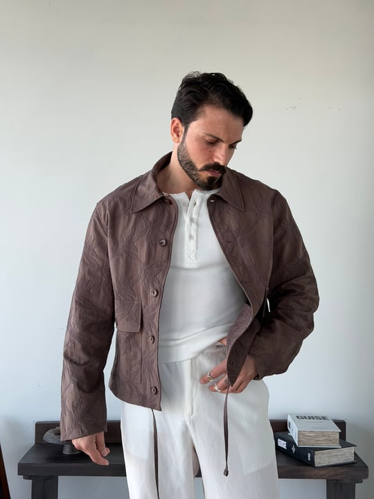 Sandro Desenli Kahve Crop Ceket