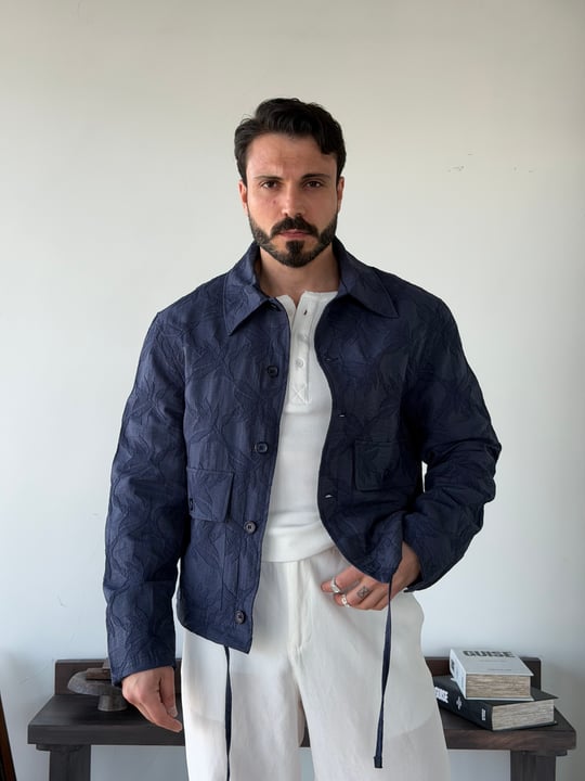 Sandro Desenli Lacivert Crop Ceket