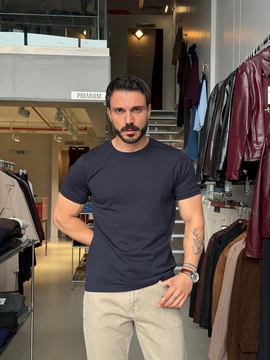 Bob Lacivert Basic Muscle Fit Tişört