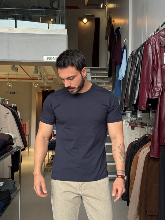 Bob Lacivert Basic Muscle Fit Tişört