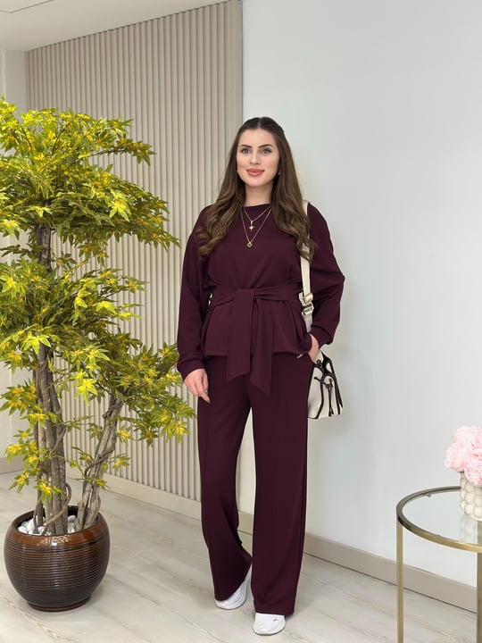 Beli Bağlamalı Modal Kumaş Takım Mürdüm