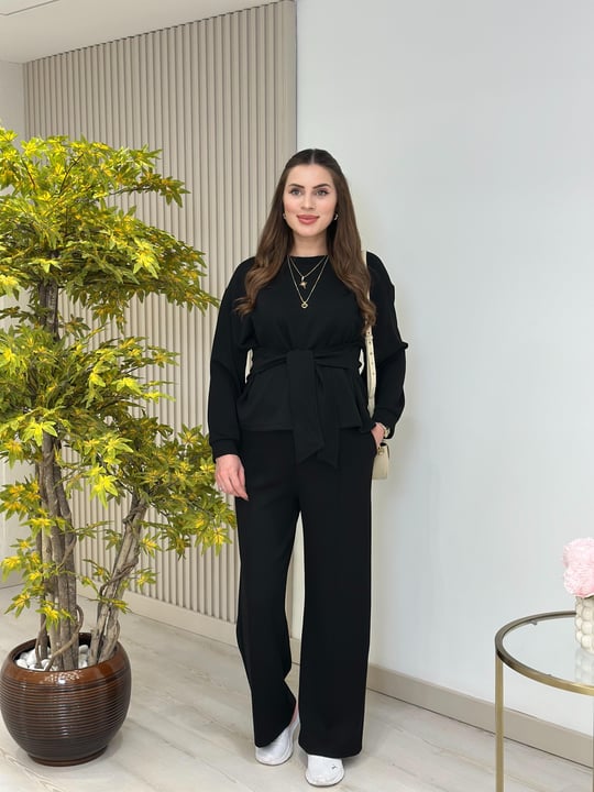 Beli Bağlamalı Modal Kumaş Takım Siyah