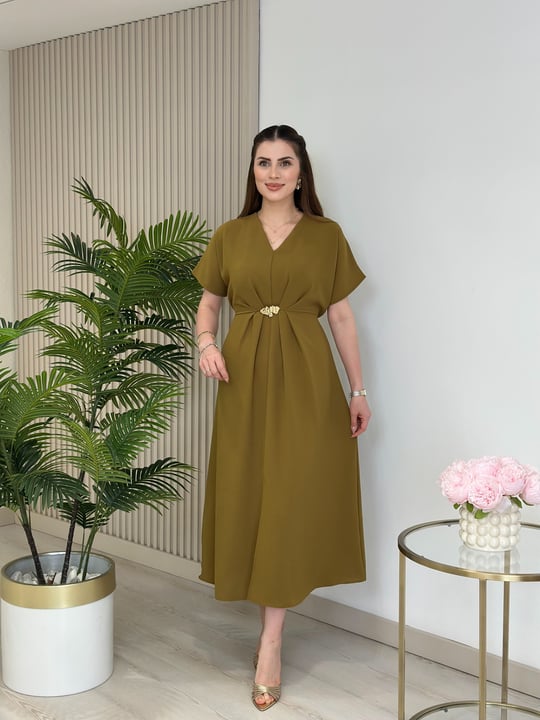 Beli Gold Tokalı Krep Kumaş Elbise Yağ Yeşili