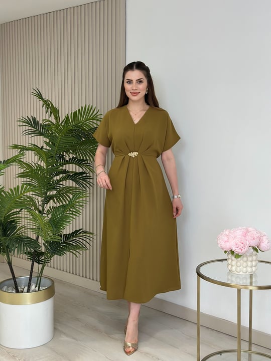 Beli Gold Tokalı Krep Kumaş Elbise Yağ Yeşili