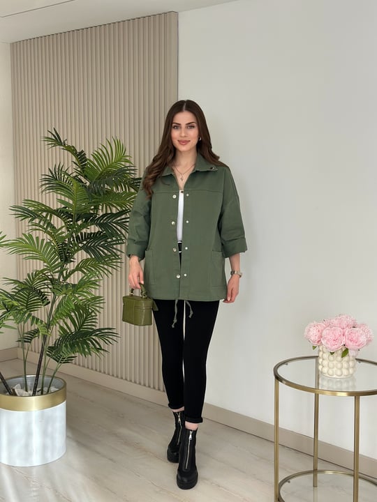 Çıtçıtlı Oversıze Gabardin Ceket Haki Yeşil