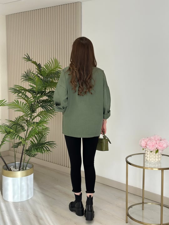 Çıtçıtlı Oversıze Gabardin Ceket Haki Yeşil
