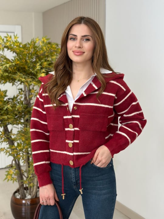 Çizgili Gold Çıtçıtlı Kapşonlu Angora Hırka Bordo