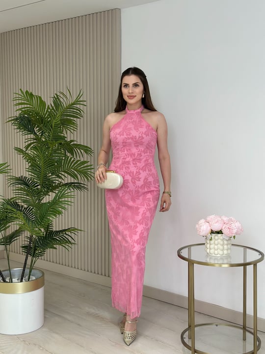Flok Baskılı Gold Simli Halter Yaka Boyundan Bağlamalı Elbise Pembe