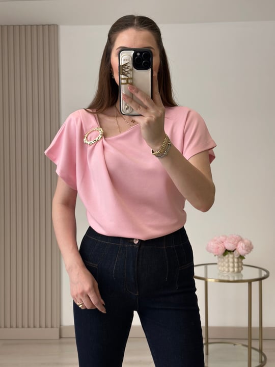 Gold Broşlu Drapeli Modal Kumaş Bluz Toz Pembe