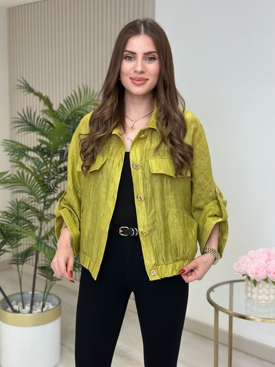 Gold Düğmeli Parlak Bambu Kumaş Bomber Ceket Yağ Yeşili
