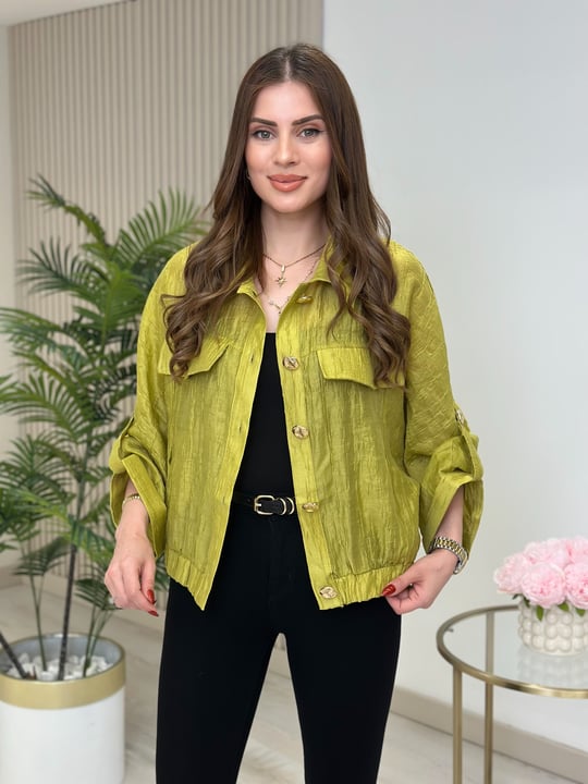 Gold Düğmeli Parlak Bambu Kumaş Bomber Ceket Yağ Yeşili