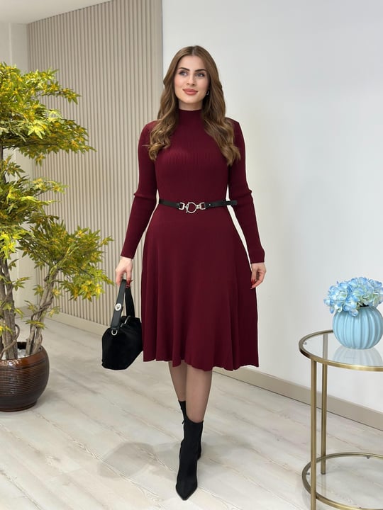 Kemerli Dik Yaka Kloş Triko Elbise Bordo