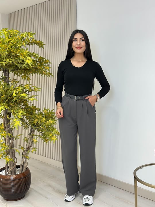 Kemerli Likralı Krep Kumaş Pantolon Gri