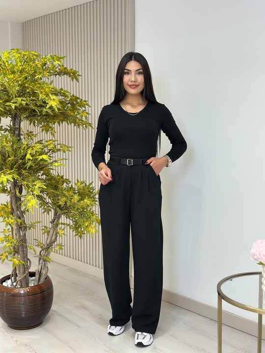 Kemerli Likralı Krep Kumaş Pantolon Siyah 