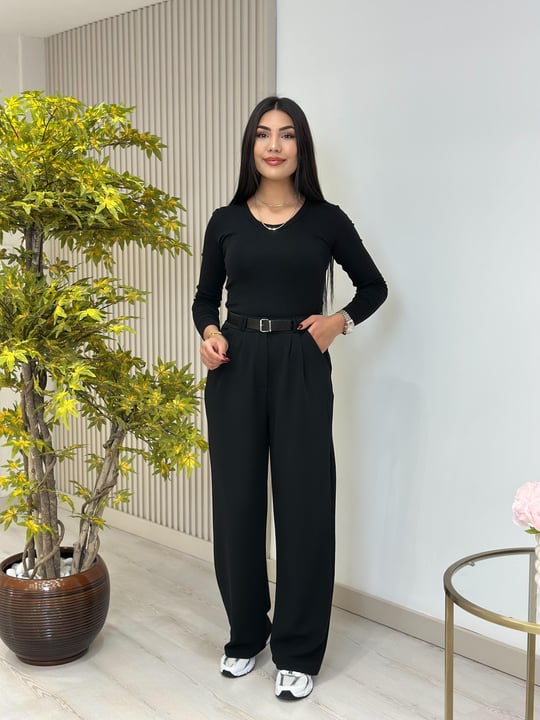 Kemerli Likralı Krep Kumaş Pantolon Siyah 