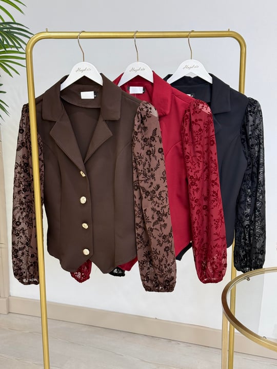 Kolları Flok Baskılı Gold Düğmeli Bluz Bordo