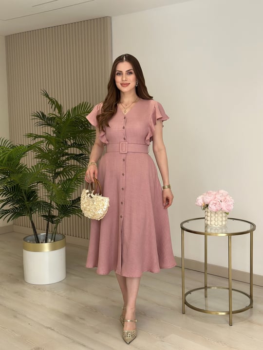 Kolları Volanlı Kemerli Elbise Gül Kurusu