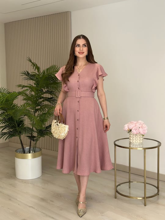 Kolları Volanlı Kemerli Elbise Gül Kurusu