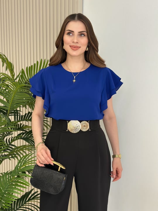 Kolları Volanlı Krep Kumaş Bluz Saks Mavi