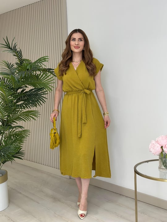Kruvaze Yaka Yırtmaçlı Basıc Elbise Yağ Yeşili