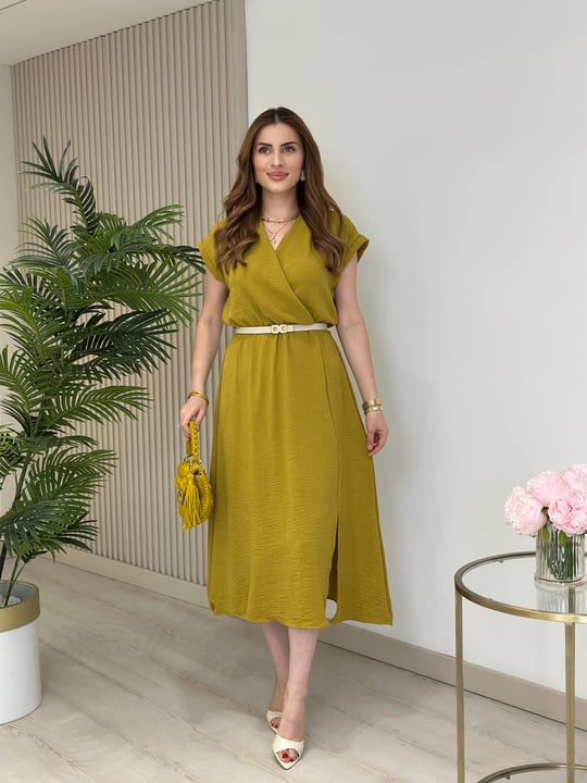 Kruvaze Yaka Yırtmaçlı Basıc Elbise Yağ Yeşili