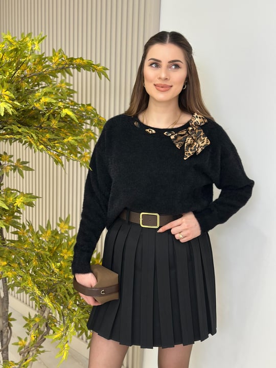 Leopar Fularlı Angora Kazak Siyah