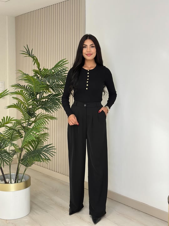 Massi Beli Lastikli Önü Pensli Krep Kumaş Pantolon Siyah
